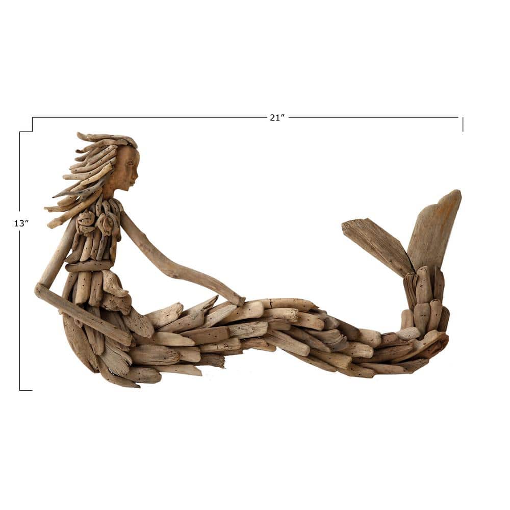 Driftwood Brown Mermaid Wall Sculpture, 21" Coastal Decor