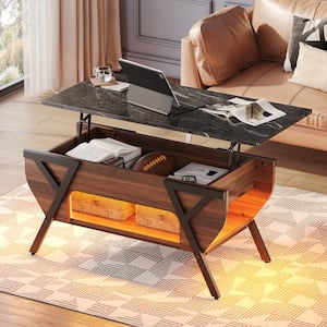 41.73 in. Walnut Lift-Top Coffee Table side table with Geometric Frame and LED Light