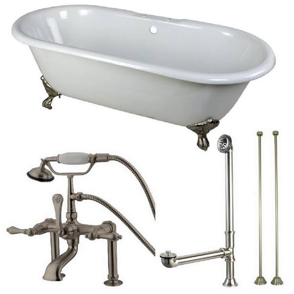 Aqua Eden Classic Double Ended 66 in. Cast Iron Clawfoot Bathtub in White and Faucet Combo in Brushed Nickel