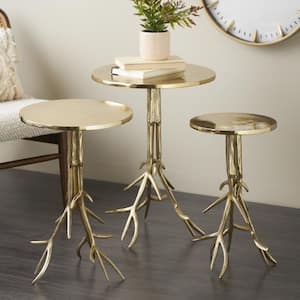 15 in. Gold Tree Round Aluminum End Table with Branch Inspired Bases (3-Pieces)