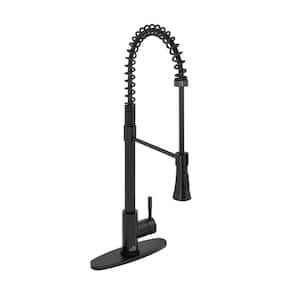 Single-Handle Spring Pull Down Sprayer Kitchen Faucet in Matte Black with Dual Function Sprayhead and Deckplate