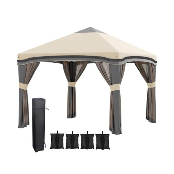 Phewnyzo 10 ft. x 10 ft. Outdoor Steel Event/Party Pop Up Instant Tent Canopy with Netting in Biege