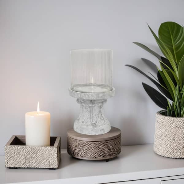 Kris White and Gray Ceramic and Glass Candle Holder with Hurricane Glass Top