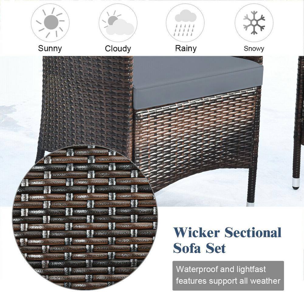 4-Piece Gray Rattan Wicker Patio Sofa Set with Cushions and Coffee Table