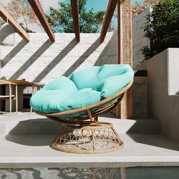 Yellow Wicker Outdoor Patio Papasan Chair Dining Chair with Turquoise Cushion