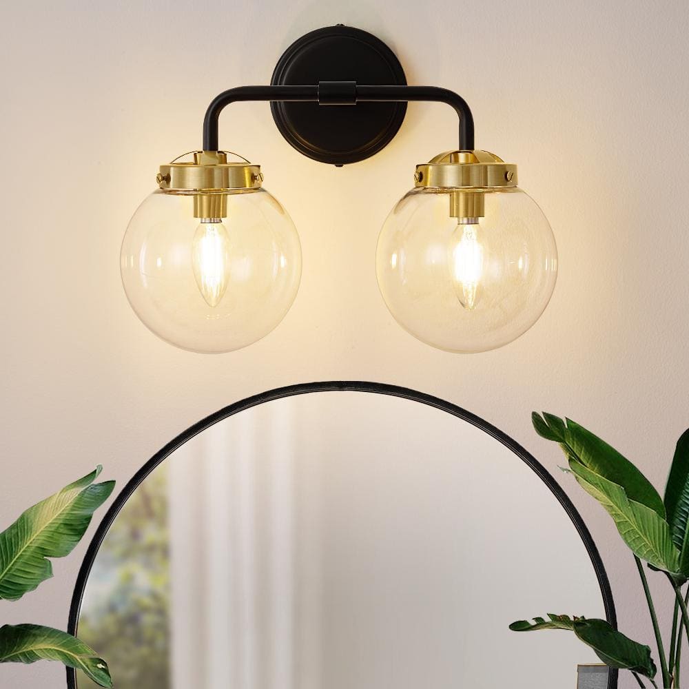 14.17 in. 2-Light Black and Gold Bathroom Vanity Light with Clear Glass Shades, Bulb not Included price history on PriceWatchPro