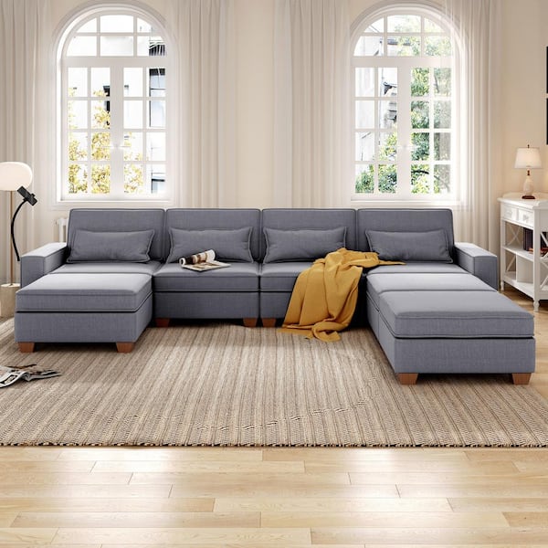 STICKON 115.8 in. W 8-Piece Linen Modular Sofa in Light Grey
