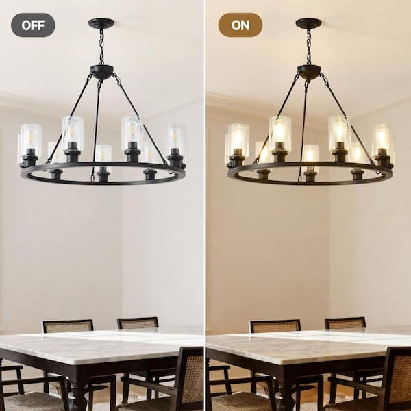 BeamBox 34 in. 9-Light Matte Black Farmhouse Wagon Wheel