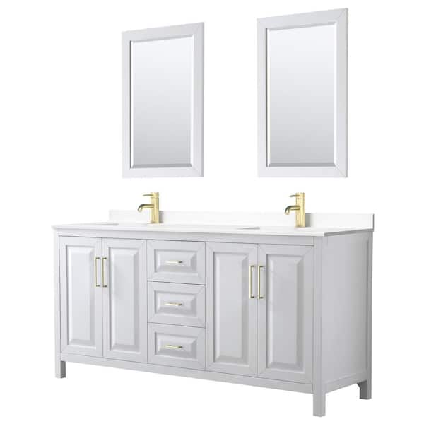 Wyndham Collection Daria 72 in. W x 22 in. D x 35.75 in. H Double Sink Bath Vanity in White with White Cultured Marble Top and 24" Mirrors