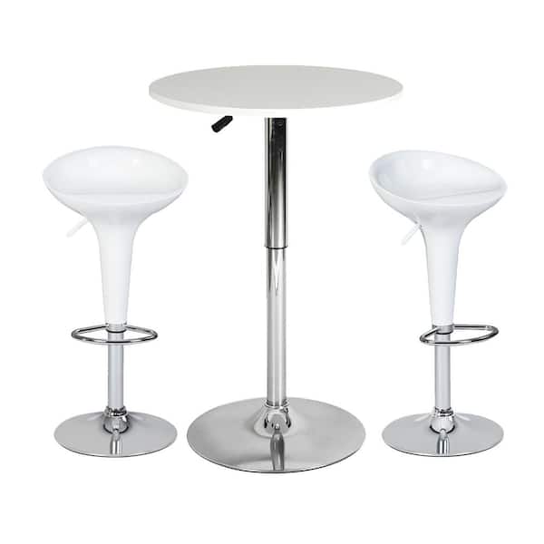 Homy Casa Sakuru Baer White 3-Pcs  Metal Frame Wood Table Top ABS Seat Bar Table Set with Adjustable Height