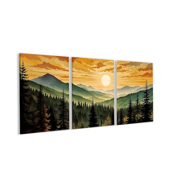 Boho Mountain Sunset Wall Art, Nature Forest Botanical Wall Decor, Pine Trees Hills Canvas Paintings 12"x16"x3