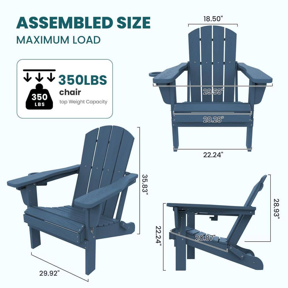 Diagram showing assembled size and dimensions of the Adirondack chair set.