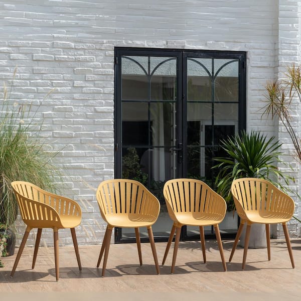 Luna 4-Piece Recycled Resin and Teak Finish Wood Legs Patio Dining Arm Chair Set, Yellow