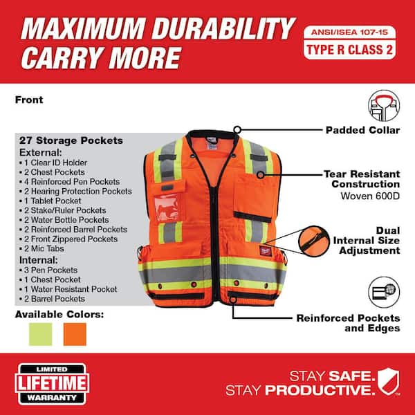 Milwaukee Large/X-Large Orange Class 2 High Visibility Safety Vest with 27-Pockets 48-73-5166 The Depot