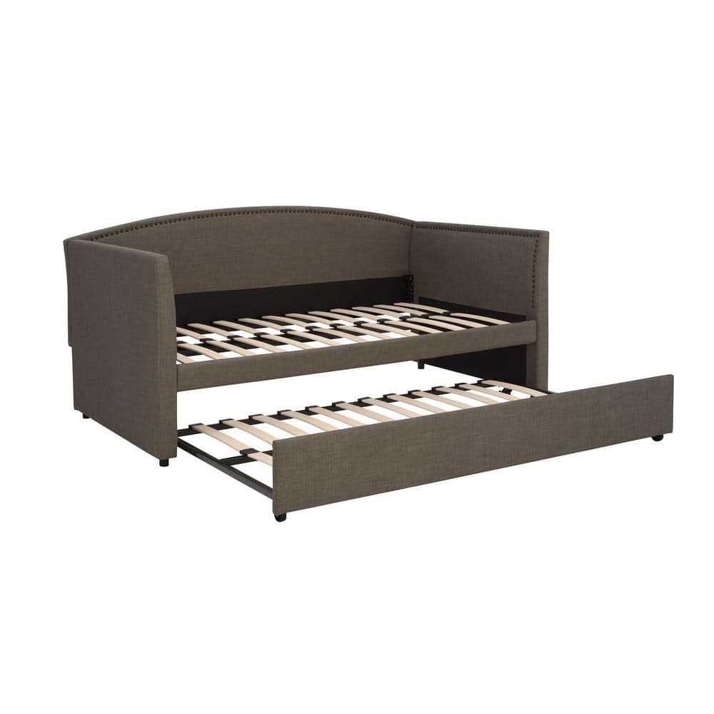 Gray Linen Twin Daybed with Trundle and Nailhead Trim