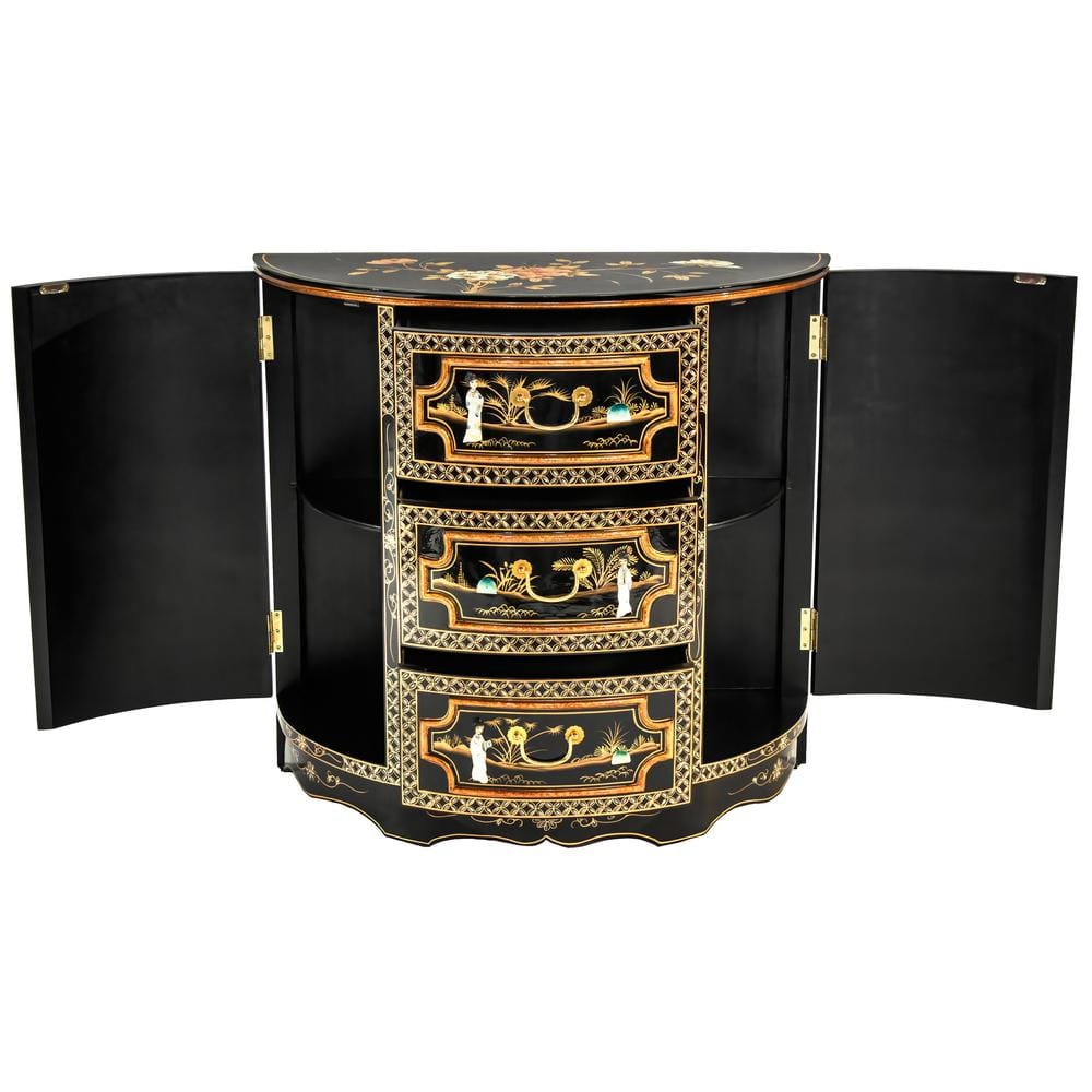 Black Lacquer Half-Moon Cabinet with Mother-of-Pearl Design