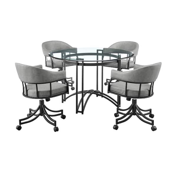 Armen Living Tibet 5-Piece Round Vintage Gray Glass Top Dining Room Set Seats 4