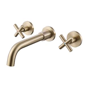 Double Handle Wall Mounted Bathroom Faucet with Swivel Spout 3-Hole Brass Bathroom Basin Taps in Brushed Gold