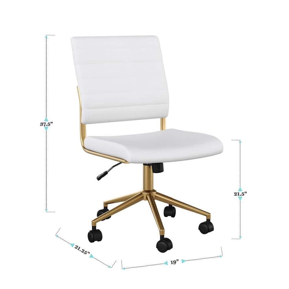 White Faux Leather Armless Swivel Office Chair with Brass Frame