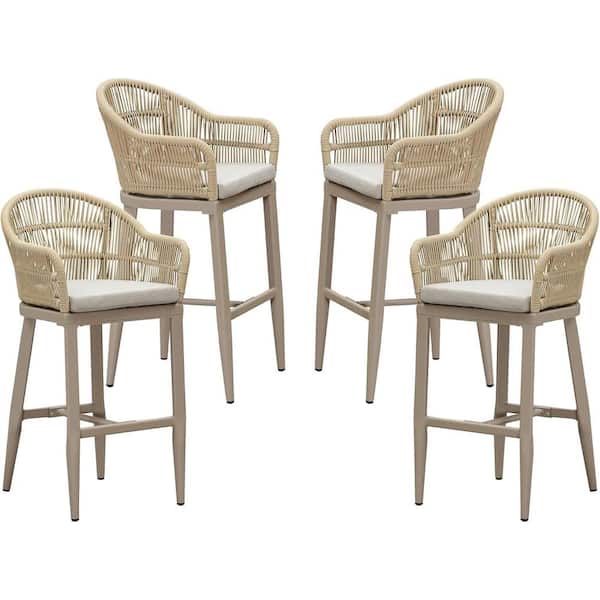 Modern Aluminum Rattan Bar Height Outdoor Bar Stool with Back and Beige Cushion (4-Pack)