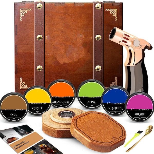 Brown Wood Cocktail Smoker Kit with Torch and 6 Flavors for Whiskey Bourbon Old Fashioned Drinks