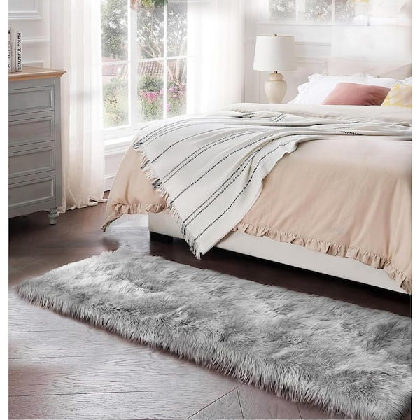 Sheepskin Faux Furry Grey 2 ft. x 6 ft. Cozy Area Rug Runner Rug