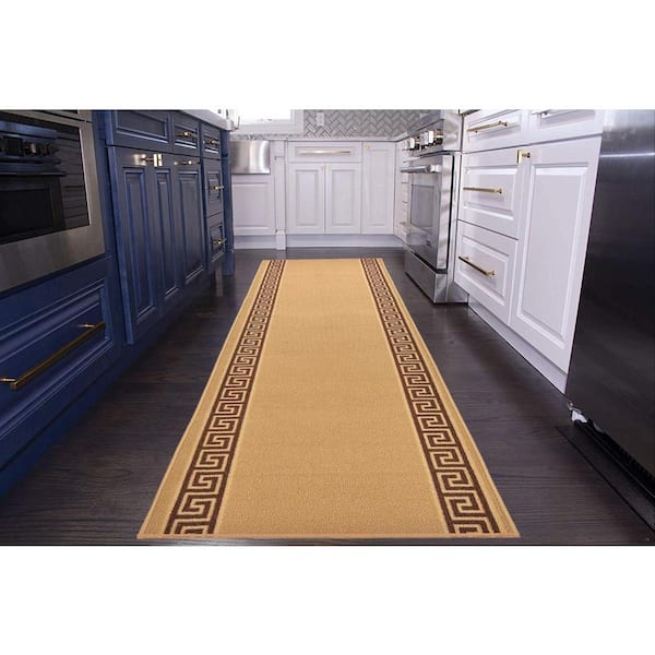 Meander Greek Key Design Cut to Size Beige Color 32" Width x Your Choice Length Custom Size Slip Resistant Runner Rug