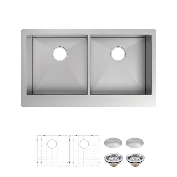 Professional 33 in. Farmhouse/Apron-Front 50/50 Double Bowl 16 Gauge Stainless Steel Kitchen Sink with Accessories