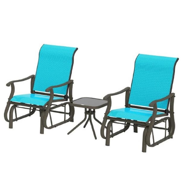3-Piece Blue Metal Outdoor Bistroor Set, Gliding Chairs Set with Tempered Glass Top Table