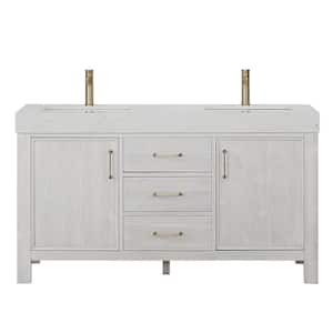 León 60 in. W x 22 in. D x 34 in. H Double Freestanding Bath Vanity in Washed White with White Composite Stone Top