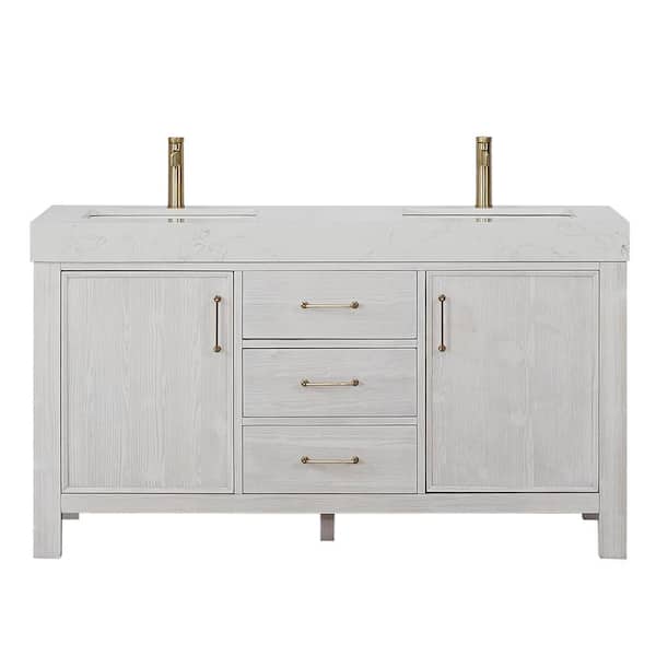 León 60 in. W x 22 in. D x 34 in. H Double Freestanding Bath Vanity in Washed White with White Composite Stone Top