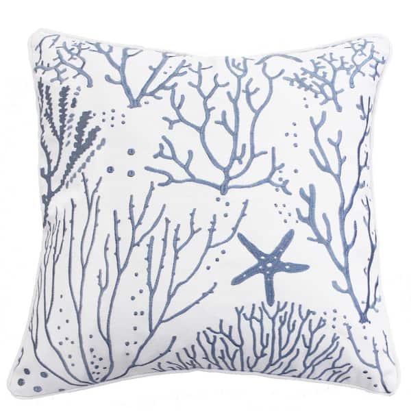 LEVTEX HOME Zuma Beach Blue and White Coral Embroidered 18 in. x 18 in. Throw Pillow
