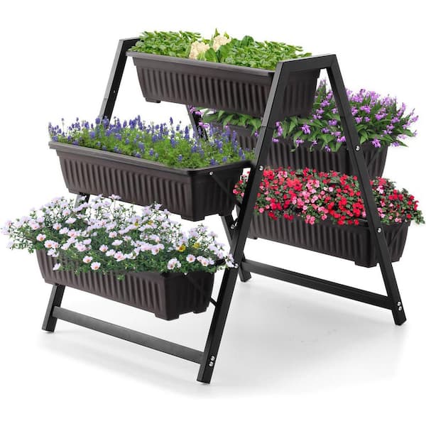 Oyezvary Tiered Planter Stand 26 in. L x 36. 5 in. W x 31 in. H Silver Metal Ergonomic Laddershape Brown Steel Plastic Garden Bed