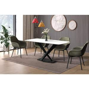 Voren Dining Table with 71 in. Rectangular Sintered Stone Tabletop and Black Pedestal Steel Base in White/Gold Seats 10