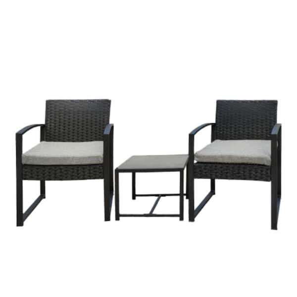 Alpulon Black 3-Piece Rattan Wicker Outdoor Patio Conversation Set with Gray Cushion