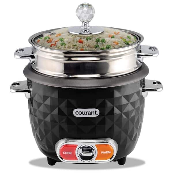 10-Cup (Cooked) / 5-Cup Rice Cooker and Steamer, One-Touch, Auto Keep Warm, Chrome Accents, Compact, Black