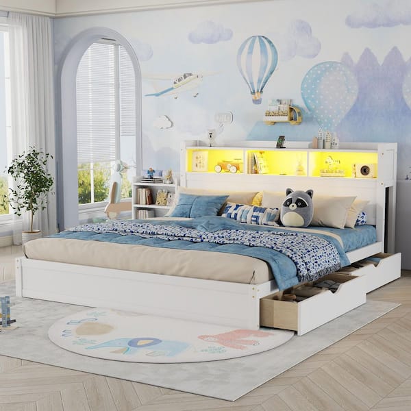 Winnie White Wood Frame King Size Platform Bed with Storage Headboard, Drawers, Pull Out Cabinet, LED Lighting