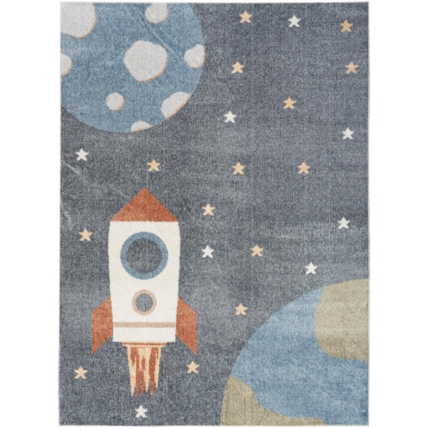 Nourison Astra Machine Washable Sky Blue 5 ft. x 7 ft. Graphic Contemporary Area Rug