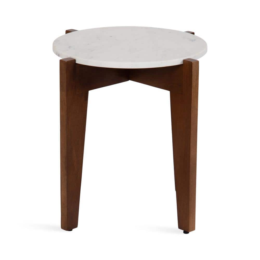 Walnut Brown Round Marble Side Table with Solid Wood Base