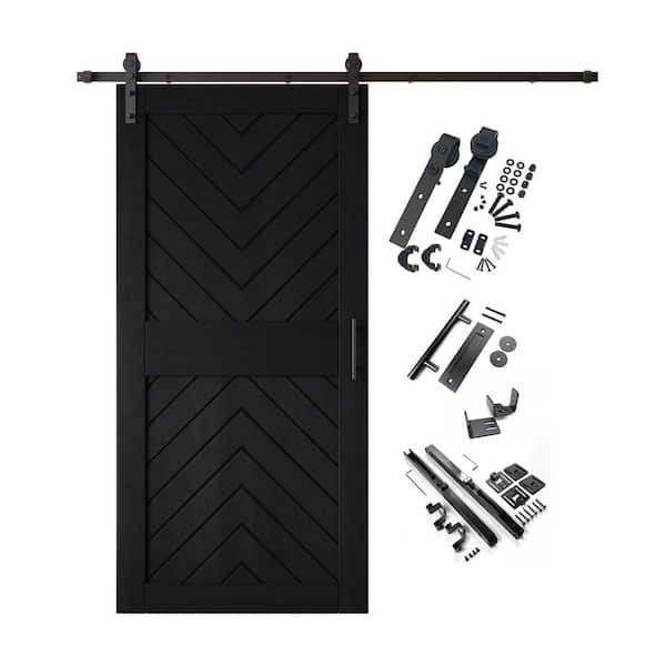 JT4 32 in. x 84 in. C-Panel Black Fishbone Design Solid Pine Wood Sliding Barn Door with Hardware Kit