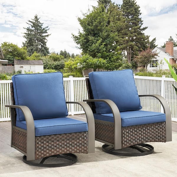 Brown Wicker Outdoor Rocking Chairs, Heavy Duty Swivel Rocking Chairs with Wide Metal Arms, Navy Blue Cushions (2-Pack)