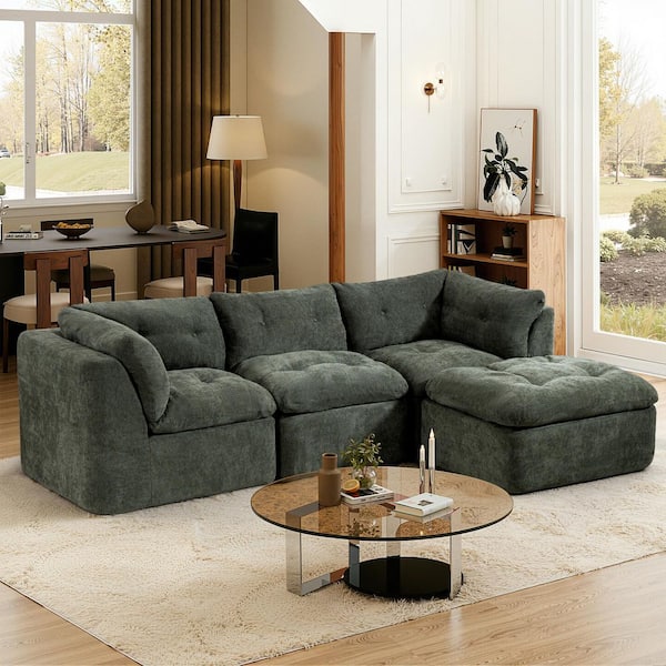 Fabian Modern Cloud Compressed Sofa 111.81 in. 4-Piece Chenille Modular Sectional Sofa in Blackish Green with Ottoman