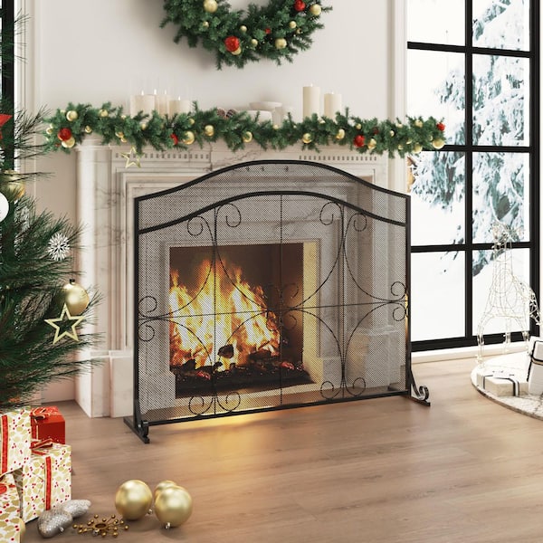 Solid Wrought Iron Frame with Metal Mesh Decorative Scroll Design Free Standing Spark Guard Fireplace 1-Panel Screen