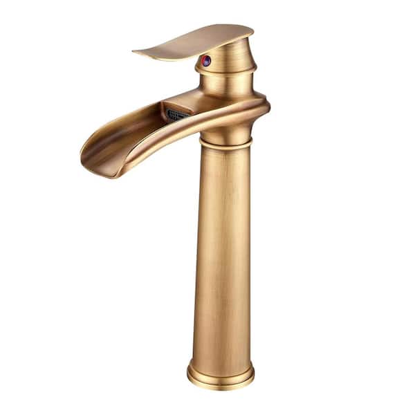Unbranded Waterfall Single Handle Single Hole Tall Spout Bathroom Vessel Sink Faucet With Pop-up Drain Assembly in Antique Brass