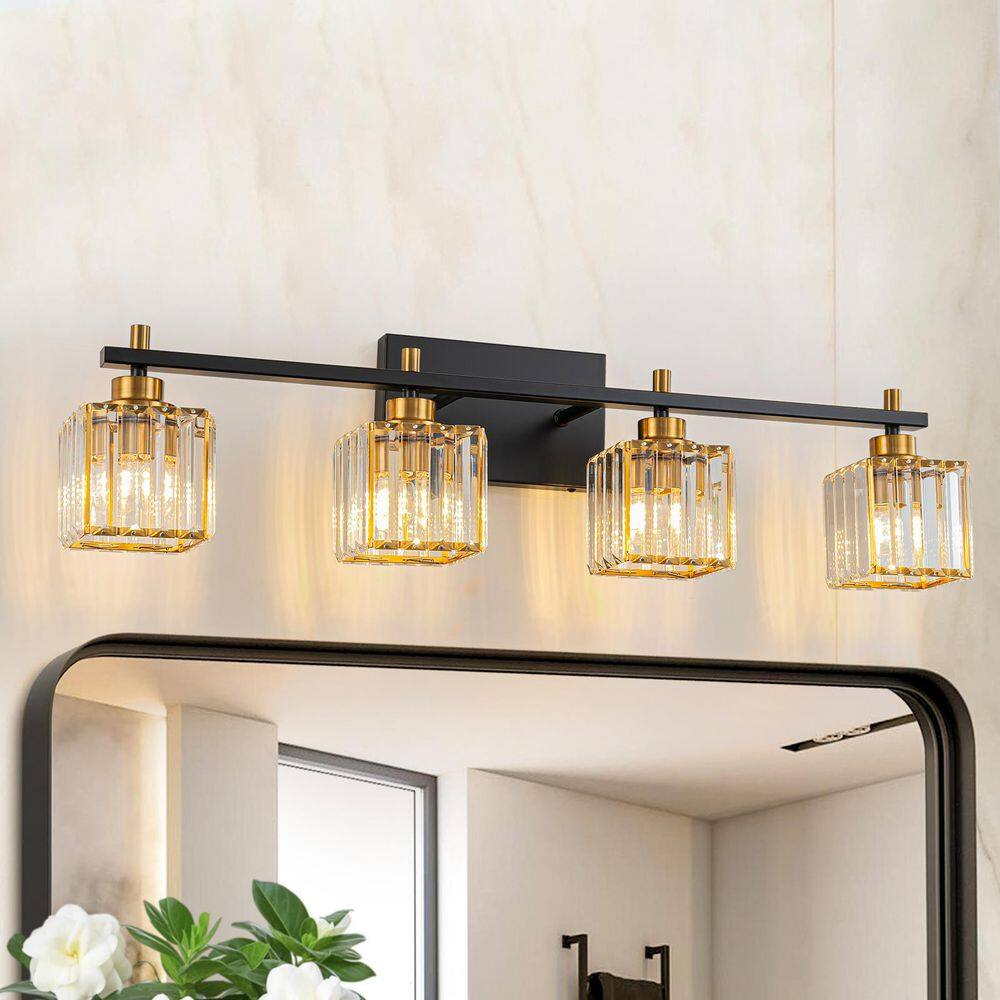 30 in. 4-Light Matte Black and Gold Linear Wall Vanity Light with Square Cr