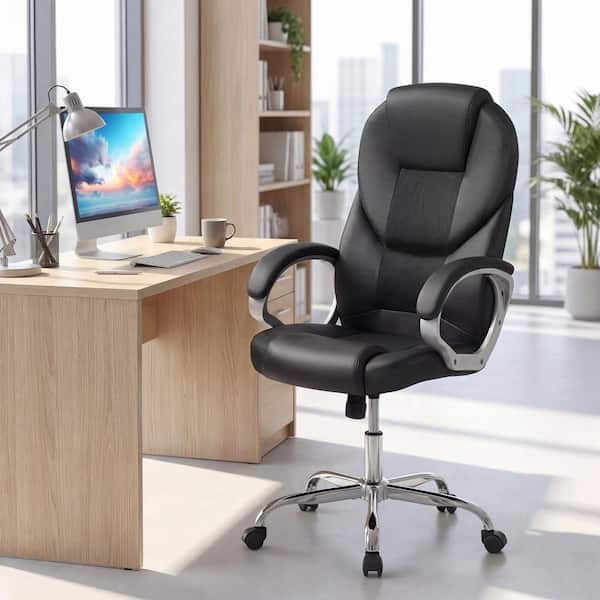Black Leather Ergonomic Mesh Executive Chair with Padded Armrests and Rocking Backrest, Wheels