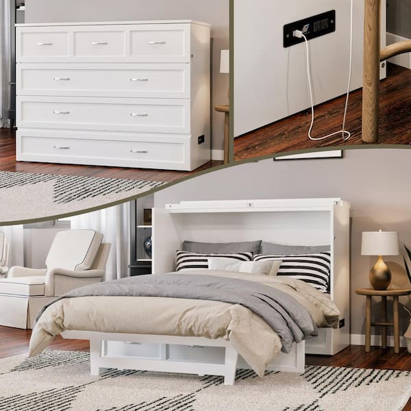 AFI Northfield White Solid Wood Frame Full Murphy Bed with Mattress and Built In Charging Station