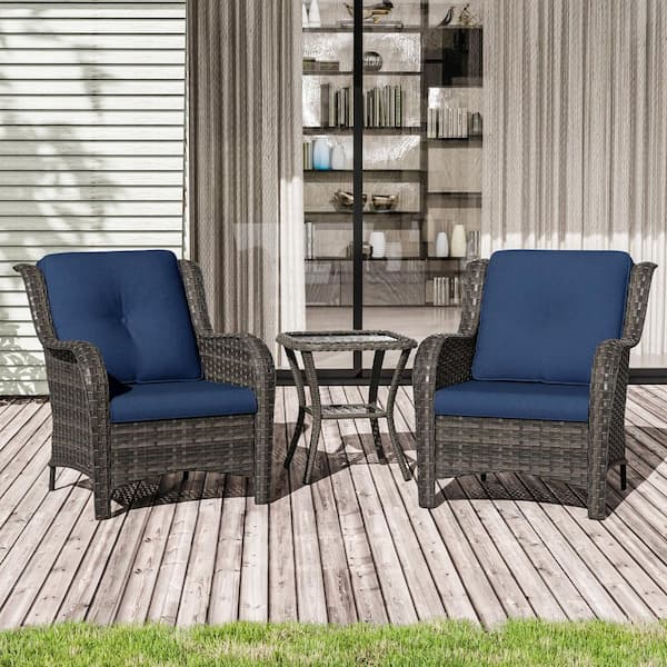 3-Piece Wicker Patio Outdoor Lounge Chair Set with Blue Cushions and Side Table