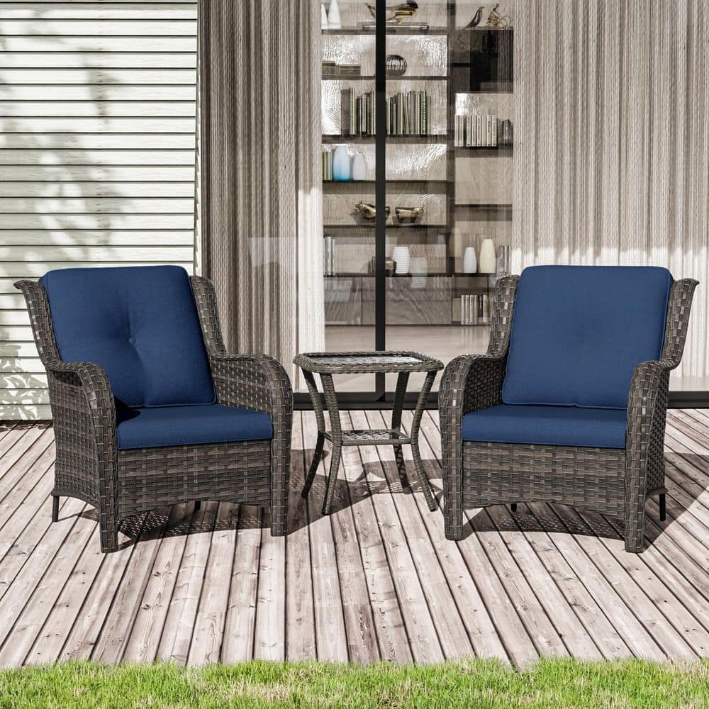 3-Piece Wicker Patio Outdoor Lounge Chair Set with Blue Cushions and Side Table price history on PriceWatchPro