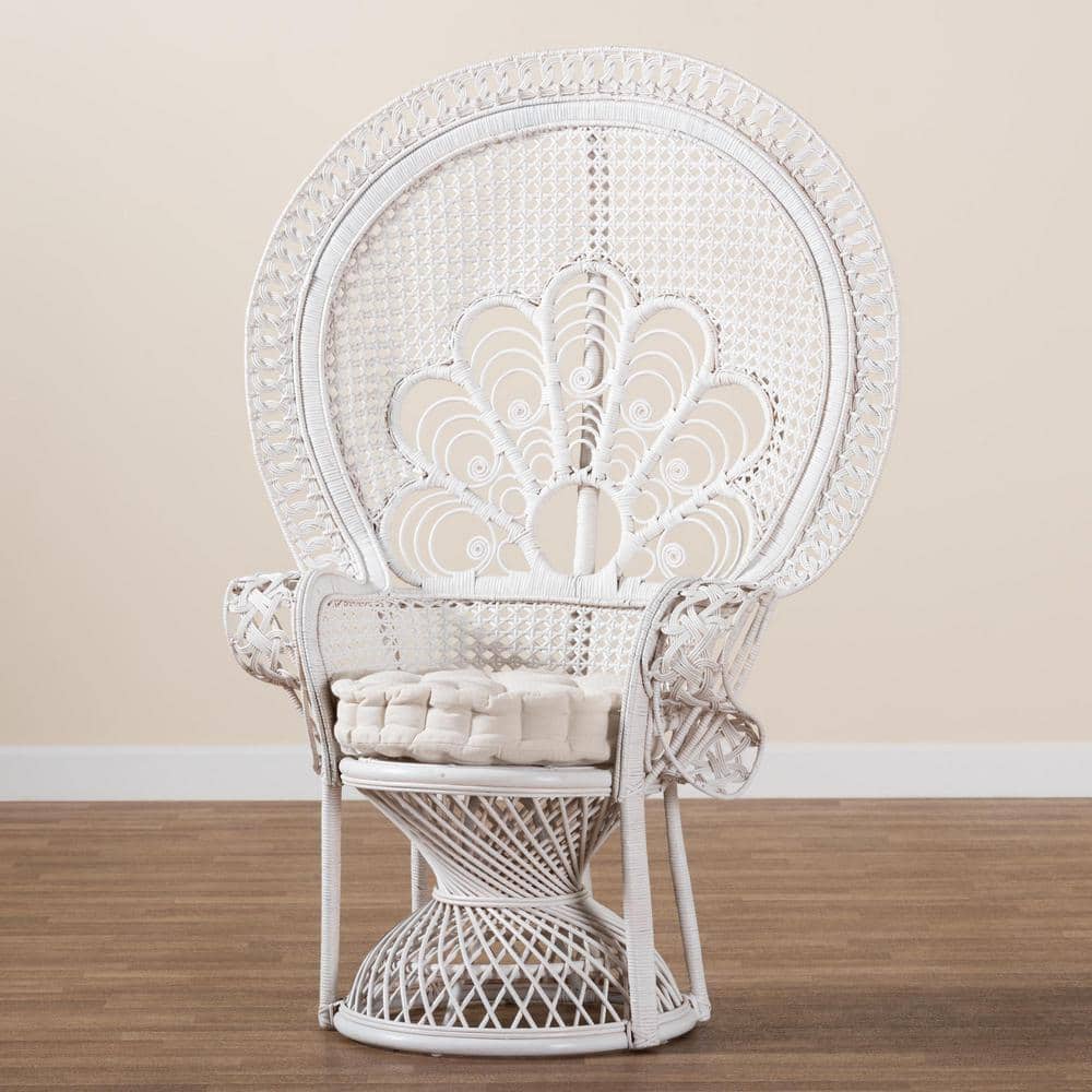 White Handcrafted Rattan Peacock Accent Chair with Upholstered Cushion